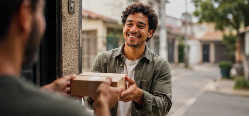 Cliente recebendo a caixa do iPhone em casa
